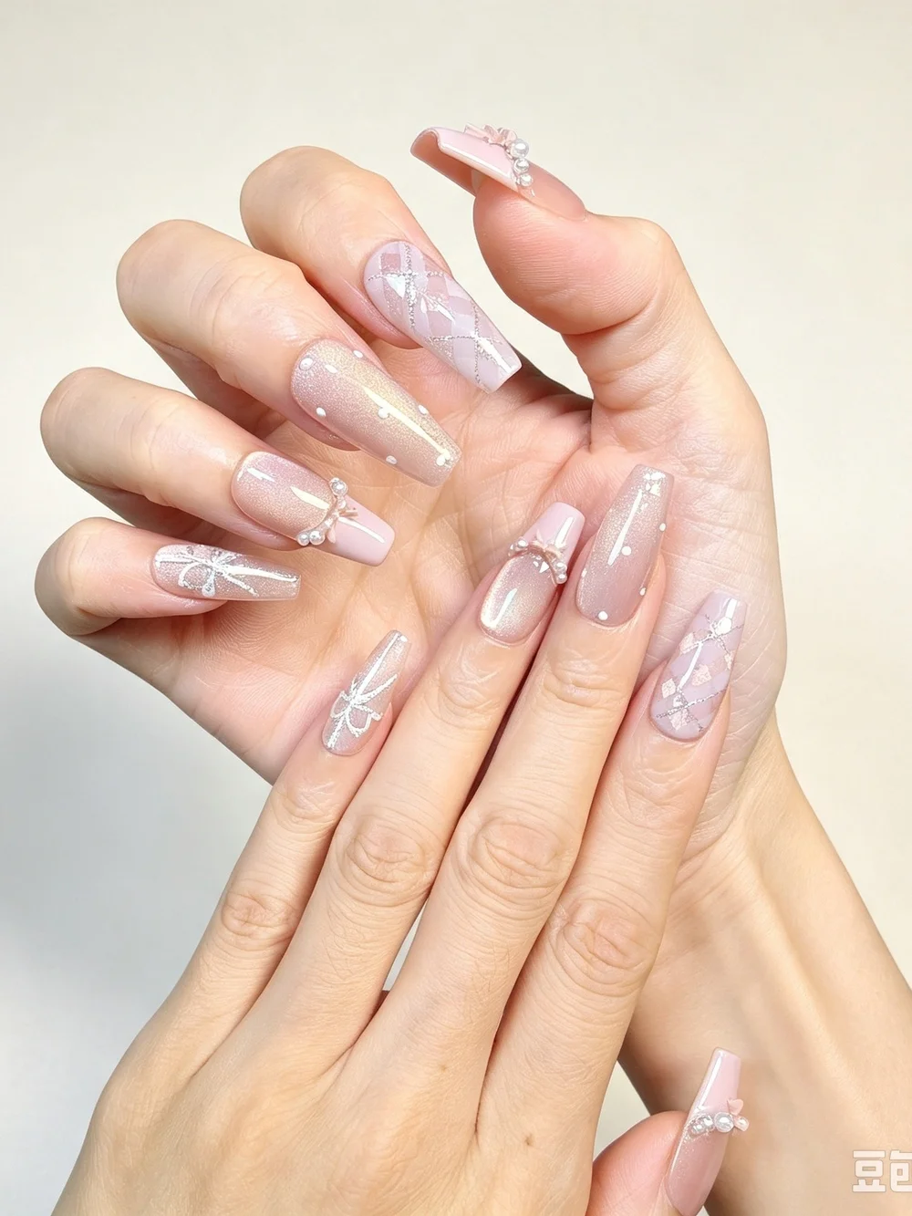 Nude‑Pink Long Coffin Press On Nails With Pink Bows Pearls & Polka Dot